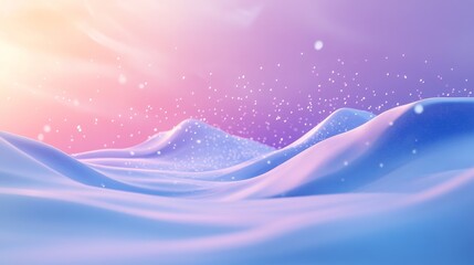 Peaceful snow field close-up, gentle curved snowdrifts, floating light particles, winter twilight setting, smooth snow texture, ethereal bokeh overlay, cool winter palette, serene natural lighting