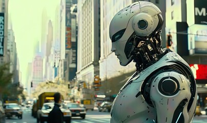 Fototapeta premium Robot observes bustling city street with traffic and pedestrians in futuristic metropolis.