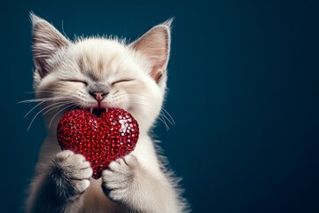 Cute siamese kitty with sparkling rhinestones red heart - sign of love, funny greeting card. Commercial conceptual art. Siamese - my preferred cat. Heartwarming animal love. Valentine's cat.