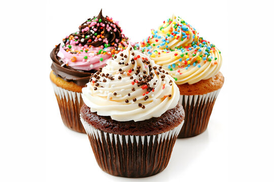 Colorful cupcakes with frosting, and sprinkles isolated on white background.