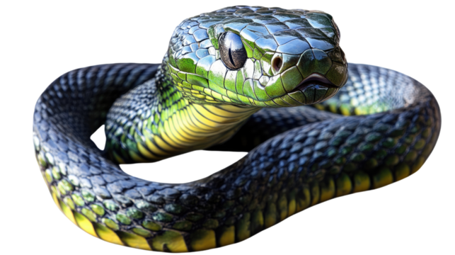 Emerald Green Snake: A close-up of a vibrant emerald green snake with yellow accents, its mesmerizing scales and piercing eyes, creating a captivating image of nature's beauty and complexity.  