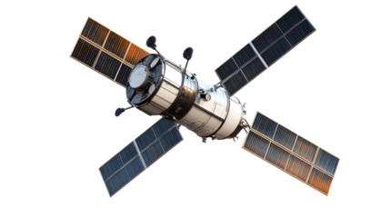 Space Station Orbiting Earth:  A sleek, silver-grey satellite, equipped with expansive solar panels, orbits the Earth in a majestic display of human ingenuity.