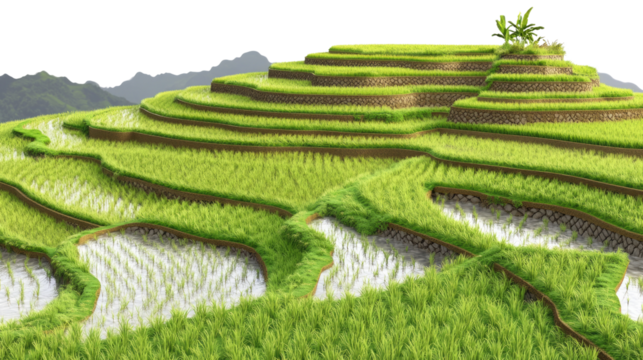 Rice Terraces in the Mountains: Lush green rice terraces cascade down a mountainside, creating a breathtaking vista of agricultural artistry and natural beauty.
