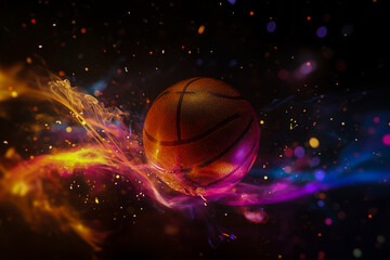 A burst of vibrant color and dynamic energy, the basketball is covered in swirling smoke that mirrors its surface.