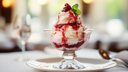 Creamy ice cream dessert, raspberry sauce, restaurant