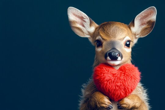 Cute deer baby with fluffy red heart - sign of love, funny greeting card. Deer - my preferred animal. Ad campaign conceptual art. Commercial conceptual art. Valentine's zoo wildlife art.