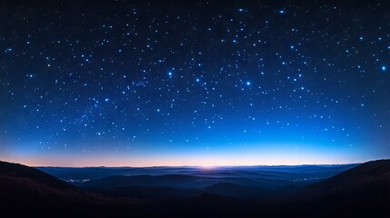 panoramic night sky, luminous star clusters, ethereal cosmic glow, gradient deep blue atmosphere, twinkling stellar points, celestial horizon line, dreamy space vista, astronomical panorama