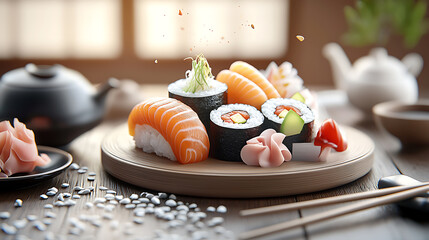 Sushi platter creation japanese restaurant food photography indoor setting close-up view culinary art