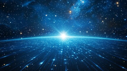 Obraz premium wide-format starry sky, cosmic light points, mystical blue gradient, ethereal space atmosphere, luminous star field, infinite dark horizon, astronomical nightscape, celestial panoramic view