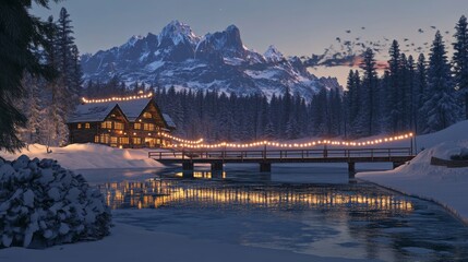 Fototapeta premium Winter lodge illuminated at dusk, snow-covered mountain peaks, frozen emerald lake reflection, tall pine forest, wooden bridge with string lights, serene wilderness landscape, pristine snow banks,