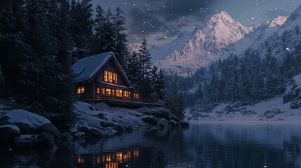 Fototapeta premium Cozy mountain retreat, glowing windows in twilight, evergreen forest silhouettes, majestic snowy peaks, tranquil lake mirror reflection, natural winter wonderland, soft evening light, rustic wooden