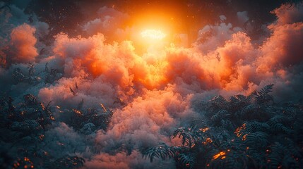 An orange smoke cloud in a dramatic atmosphere as the sun sets, with dense fog and mist 