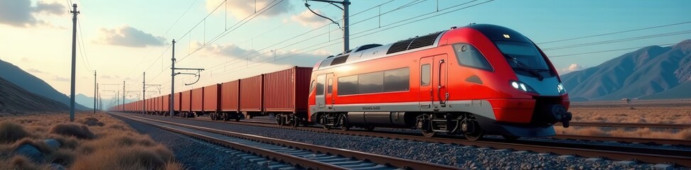 Obraz premium Sleek high-speed train carrying cargo containers , zoom, train