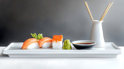 Sushi platter presentation modern restaurant food photography minimalistic setting close-up view culinary art