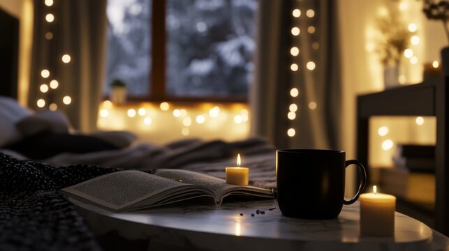Peaceful bedroom corner, natural marble table, elegant black mug, open reading material, soft candle flames, string light bokeh, earth tone colors, intimate composition, cinematic mood photography