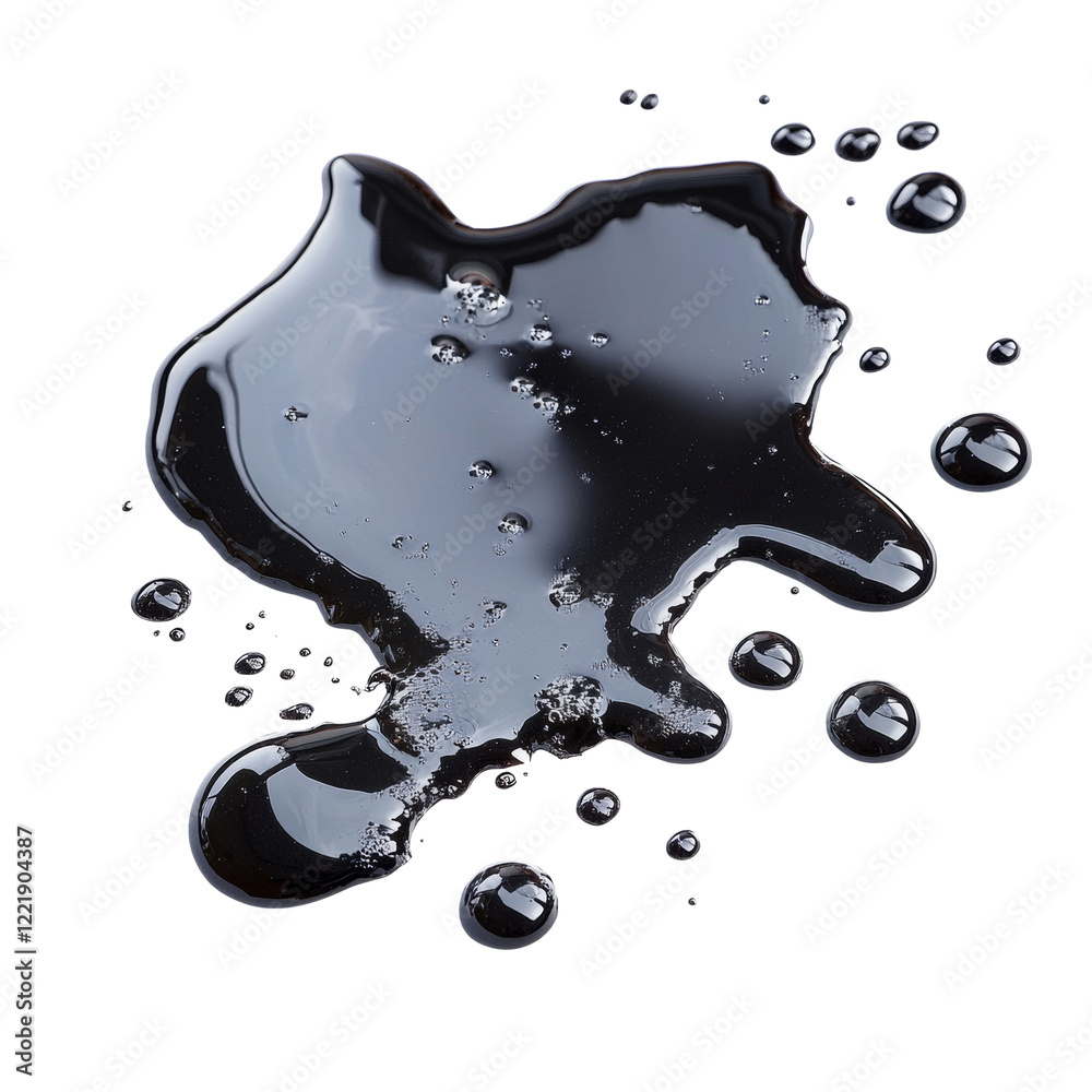 Poster a dark colored viscous liquid spilled on a black background forming a large puddle and many smaller 