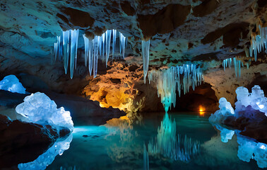 Underground cave with glowing crystal formations and shimmering pools.