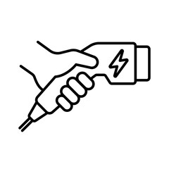 Hand holding charger electric car icon. Electric car with plug icon symbol, EV car, Green hybrid vehicles charging point logotype, Eco friendly vehicle concept. Vector illustration