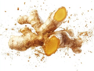 Turmeric and ginger root or rhizome of the plant, isolated on a white background, cutout, PNG file with generative ai