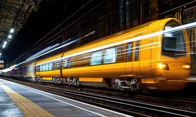 Naklejka premium Yellow train arriving at night station platform with motion blur, ideal for travel projects