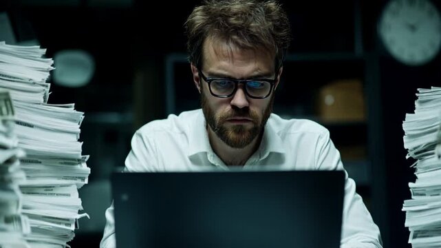 Late Night Crunch Time: A focused businessman works diligently on his laptop, surrounded by towering stacks of paperwork, under the dim light of a late-night office.