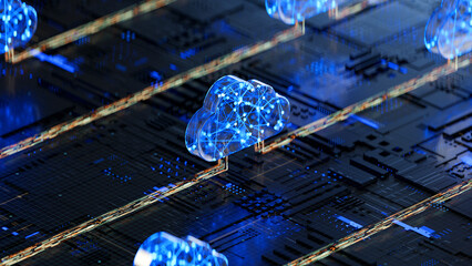 Cloud shape on circuit board symbolizes cloud computing technology and network security concept. 3D rendering, conceptual image.