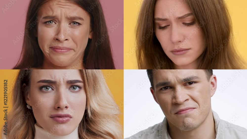 Poster Four individuals showcase a spectrum of emotions, from joy to sadness, against vibrant backgrounds. This collection highlights human diversity and the complexity of feelings across different contexts.