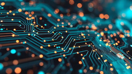 Technology fundamentals, big data visualization, abstract technology data lines with dots, circuit board, motherboard
