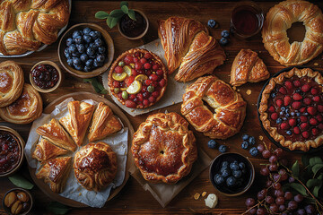 A vibrant display of assorted pastries and fruits on a wooden table, showcasing delectable treats