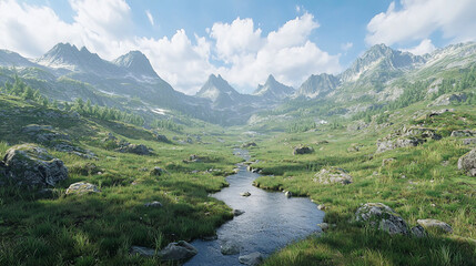 Serene mountain valley with a flowing stream, lush greenery, and dramatic clouds in the background