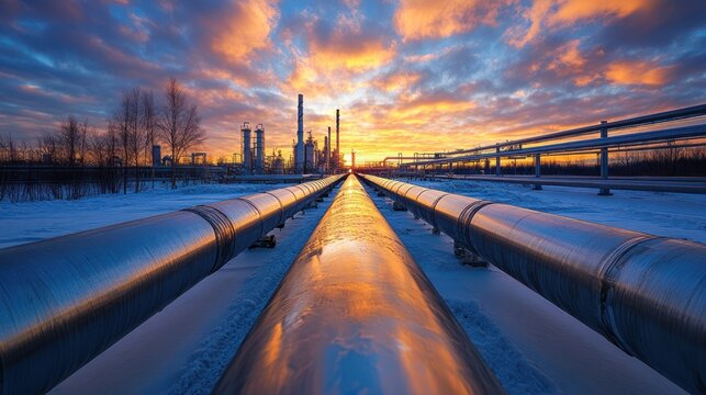 Industrial pipelines at sunset in snowy landscape.