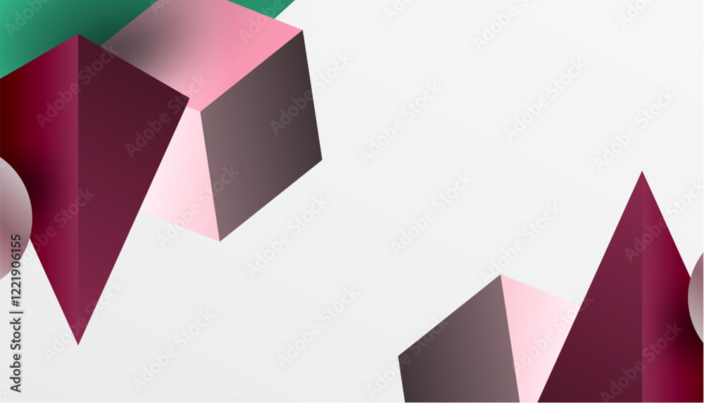 Poster Abstract design showcasing isometric cubes, pyramids, squares, and spheres in a vibrant 3D layout. Modern and dynamic, perfect for tech, design, or futuristic themes