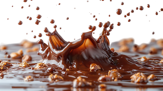 Chocolate splash with cocoa, coffee milk wave swirl, and crushed peanuts on a transparent or white background.