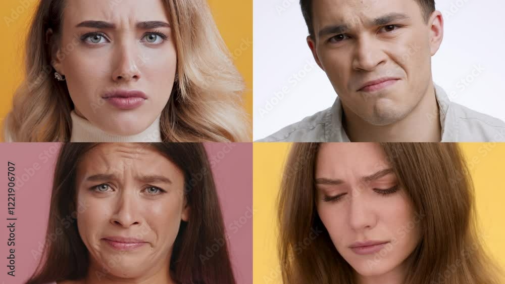 Poster Four diverse individuals display various emotions against solid colored backgrounds. Their expressions reflect a mix of positivity and negativity, showcasing a deep emotional connection.