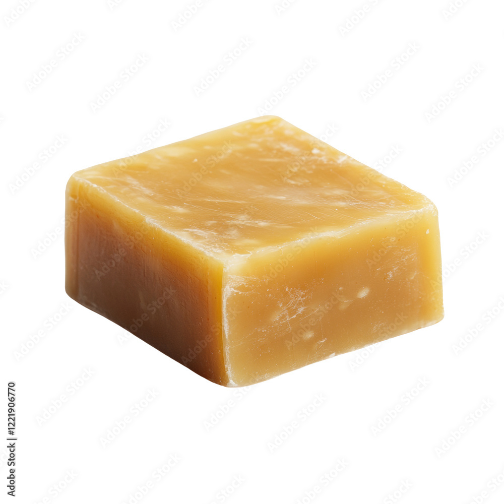 Poster A close-up view of a single,  square block of amber-colored soap isolated on a black background.