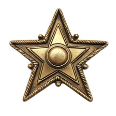 A close-up view of an ornate golden star-shaped medallion with a central circular element, exhibiting intricate detailing and a vintage aesthetic.