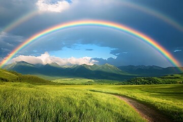Naklejka premium Rainbow over the meadow in the mountains. Beautiful summer landscape