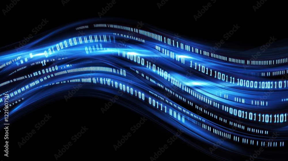 Poster abstract digital flow: binary code in a dynamic blue wave