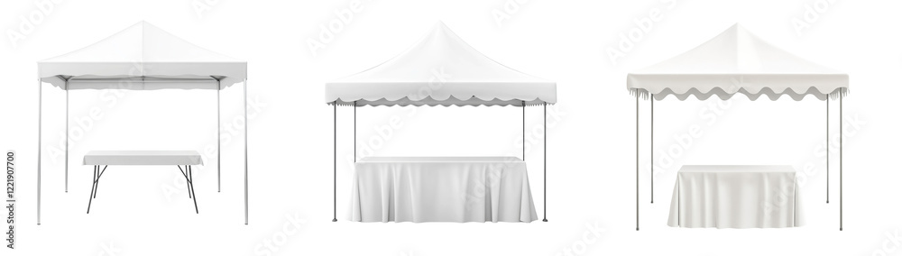 Aufkleber the image shows three different styles of white canopy tents each with a table underneath, suitable 