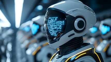 Fototapeta premium Futuristic Robot with Glowing Interface in an Automated Environment Showcasing Advanced AI Technology