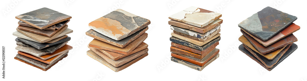 Leinwandbilder four stacks of various colored and textured square tiles are displayed against a black background.