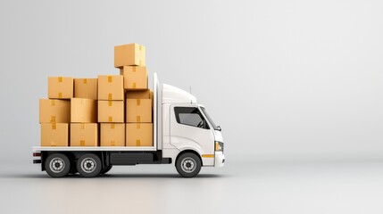 Delivery truck with cargo boxes stacked on trailer against a simple grey backdrop in modern style