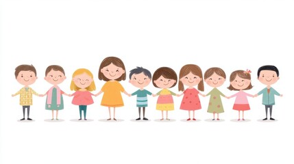 Fototapeta premium A group of diverse, cartoon children standing in a line, holding hands, showcasing friendship and unity.