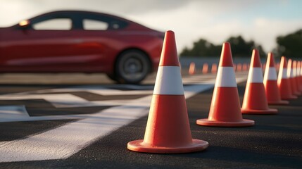 Close-Up View of Traffic Cones on Pavement for Driving Practice or Traffic Control