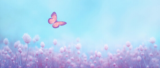 Obraz premium Fluffy lilac flowers with butterflies fluttering under a blue sky, creating a dreamy spring scene with a soft focus. Made with generative AI
