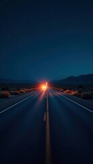 Nighttime scene of a desert highway with headlights and dark sky, isolation, lonely road