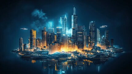 Naklejka premium Futuristic Metropolis: Night Cityscape on an Island