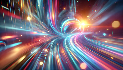 A dynamic burst of light rays in vibrant colors, symbolizing speed, energy, and futuristic technology in an abstract design.  .