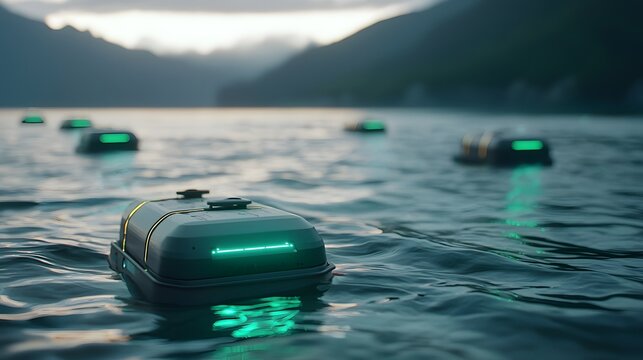 Innovative Robots for Ocean Cleanup with Glowing Accents Amidst a Serene Seascape at Dusk