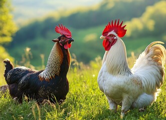 White rooster and goat on green grass, stock photo, close-upwith generative ai